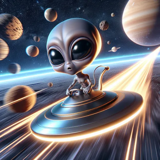 Prompt: Closeup realistic 3D Portrait, Caricature, Baby chibi alien flying a saucer fast through the solar system, realistic anime, motion blur lines