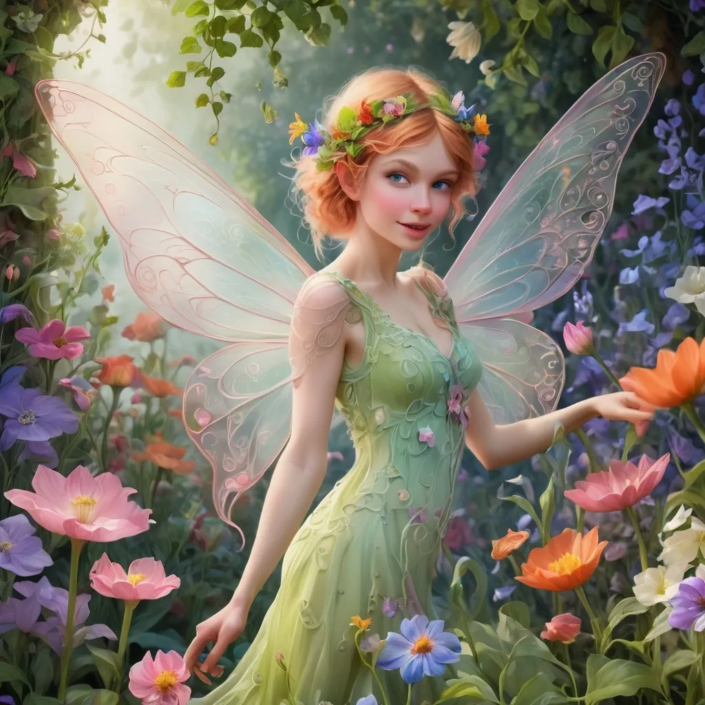 Prompt: A pixie in a flower garden, intricate details, hi res