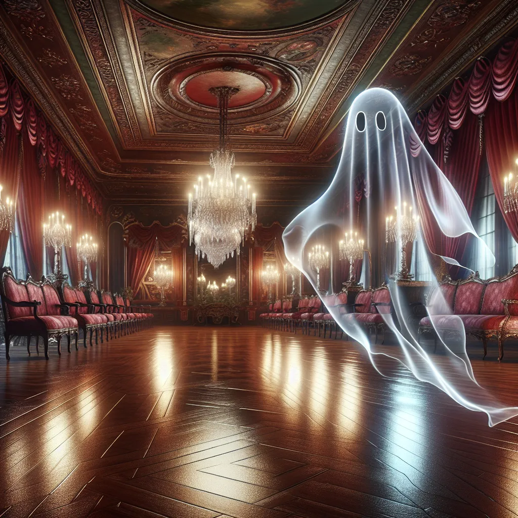 Prompt: Closeup, Transparent ghost flying across a victorian ballroom