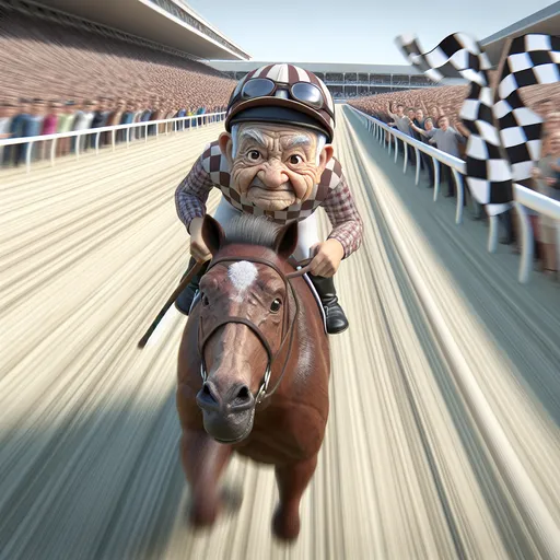 Prompt:  3D perspective realistic portrait, Fleischer Cartoon style, a little person, little wrinkled old black man, jockey, excited, racing a horse over the finish line very fast toward viewer, checkered flag, race day, horse track setting, audience, speed blur lines, realistic facial features, vivid detail vivid colors, hi res