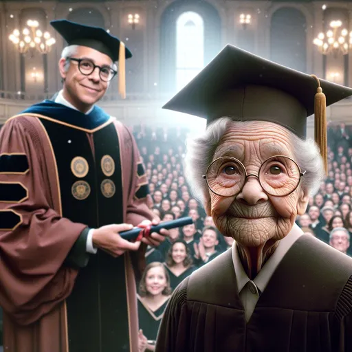 Prompt:  Looney Toons style, inspiring portrait, a little person, a 100 year old wrinkled old lady smiling round glasses dressed in cap and gown on stage graduating from college, the Dean is presenting her diploma, accomplished proud facial expression, nostalgic, elegant college auditorium setting, cheering audience, theatrical lighting, hi res, detailed facial features