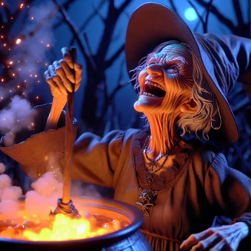 Prompt: 3D closeup, anime style, half body shot, a little person, a creepy wicked witch old wrinkled old woman, laughing hysterically at the sky, dress, hat stirring a bubbling smoking cauldron, fire, realistic facial features, intricate details, creepy dead forest at night, setting, hi res, vibrant color