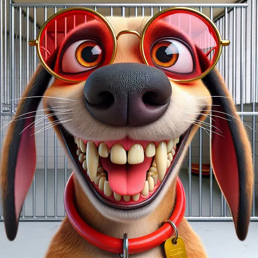 Prompt: a 3D portrait of an very happy panting dog round red lens glasses, smile human dentures one front tooth missing, with big friendly eyes, a big bulbous nose in viewer's face, big head, long ears, long tongue, very long tall narrow neck with red collar and gold dog tags, goofy facial expression, humorous, realistic facial features, realistic fur, real textures, dog pound kennel setting