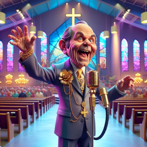 Prompt:  3D, depth of field, a little person, a 55 year-old wrinkled man, baptist evangelical preacher, arms raised happy and smiling wearing a big microphone fancy preacher suit and gold jewelry standing at the church podium aggressively preaching to the choir, Looney Toons style, deceptive facial features, meticulously detailed, hi-res, surreal, sneaky expression, cross, stained glass, religious decor, Looney Toons style, meticulous detail, ominous atmosphere, foreground tv cameras, massive audience, huge modern mega church setting, humorous, bright stage lighting