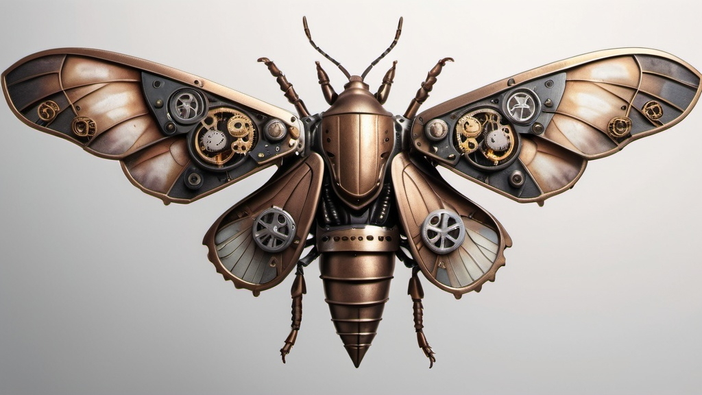 Prompt: Photo realistic, closeup, steampunk, armored crawling insect flying moth wings