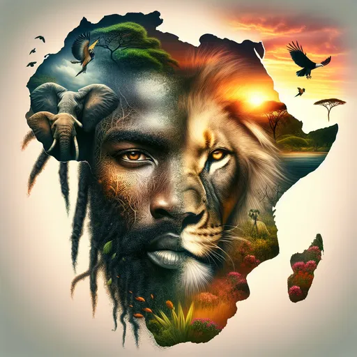 Prompt: A detailed and vibrant artwork of Africa with a central figure of a man with dreadlocks, piercing eyes, and a beard. The right side of the man's face is a lion's face. The left side of the man's face is adorned with an elephant, a bird, and a landscape of trees and a sunset. The entire artwork is set against the outline of Africa, with the man's face and the animals seemingly emerging from the continent.