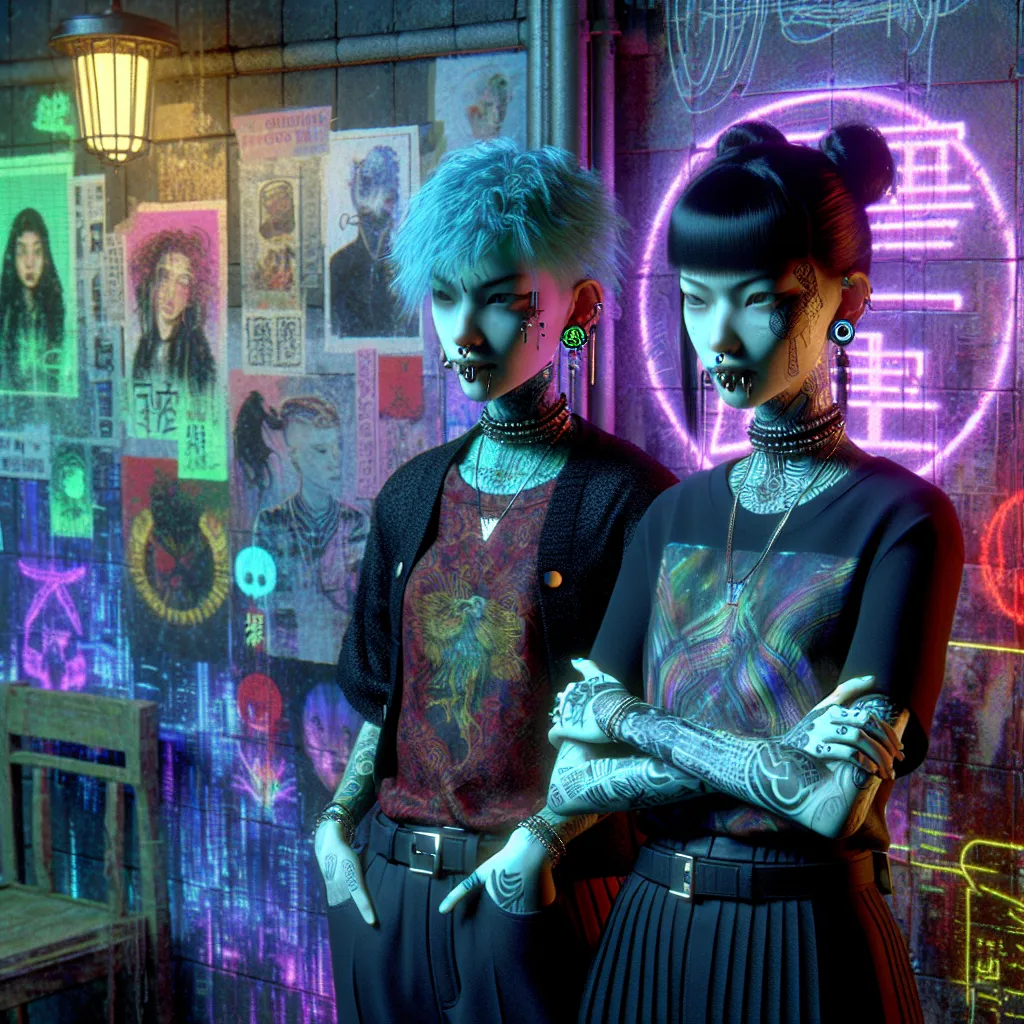 Prompt: 3D wet oil painting, two girls with tattoos and piercings standing next to each other in a room with graffiti on the walls, Art Germ, gothic art, cyberpunk art