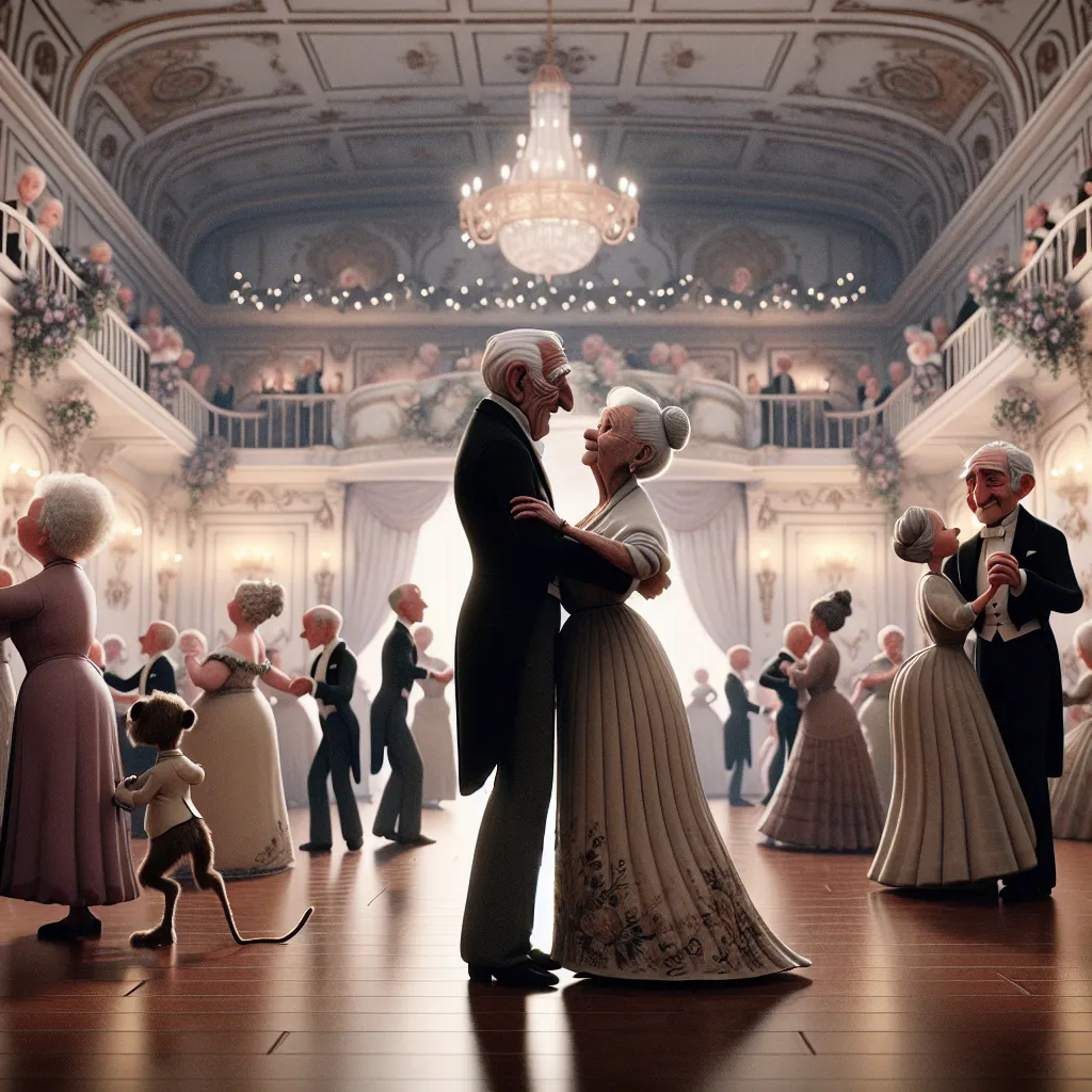 Prompt: Elegant subtle vignette, Looney Toons, a little person, a 100 year old well dressed couple in love ballroom dancing, nostalgic, romantic, elegant fancy crowded ballroom dance floor setting, elegant decor and furniture floral arrangements, soft glow lighting, 