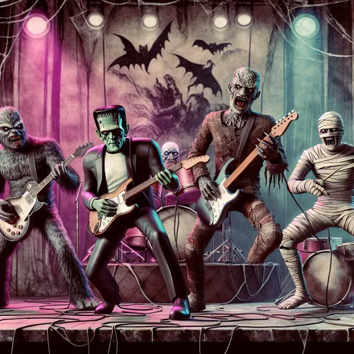 Prompt: 3d extreme closeup realistic, creepy, vintage black and white, exaggerated Caricature of a rock band made up of classic movie monsters, Frankenstein, Werewolf, Mummy, Dracula, jumping leaping playing hard rock music on a Halloween concert stage, dynamic pose in vivid colors. Background is a macabre haunted house mix of darkened blurred faded pastel watercolors.