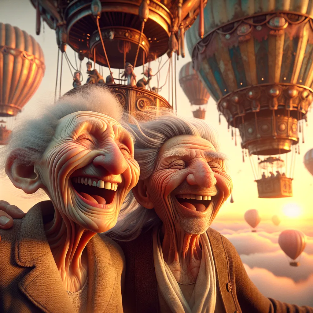 Prompt: 3D moderate closeup, depth of field, an 85 year-old wrinkled old couple, very happy and smiling, floating high in the sky at dawn , an enchanted and dreamlike steampunk dream world of hot air balloons, Looney Toons style, meticulously detailed, hi-res, surreal, dreamlike, happy carefree expression, floating, tones of copper, wood and metal, Looney Toons style, meticulous detail, carefree atmosphere, humorous, warm lighting