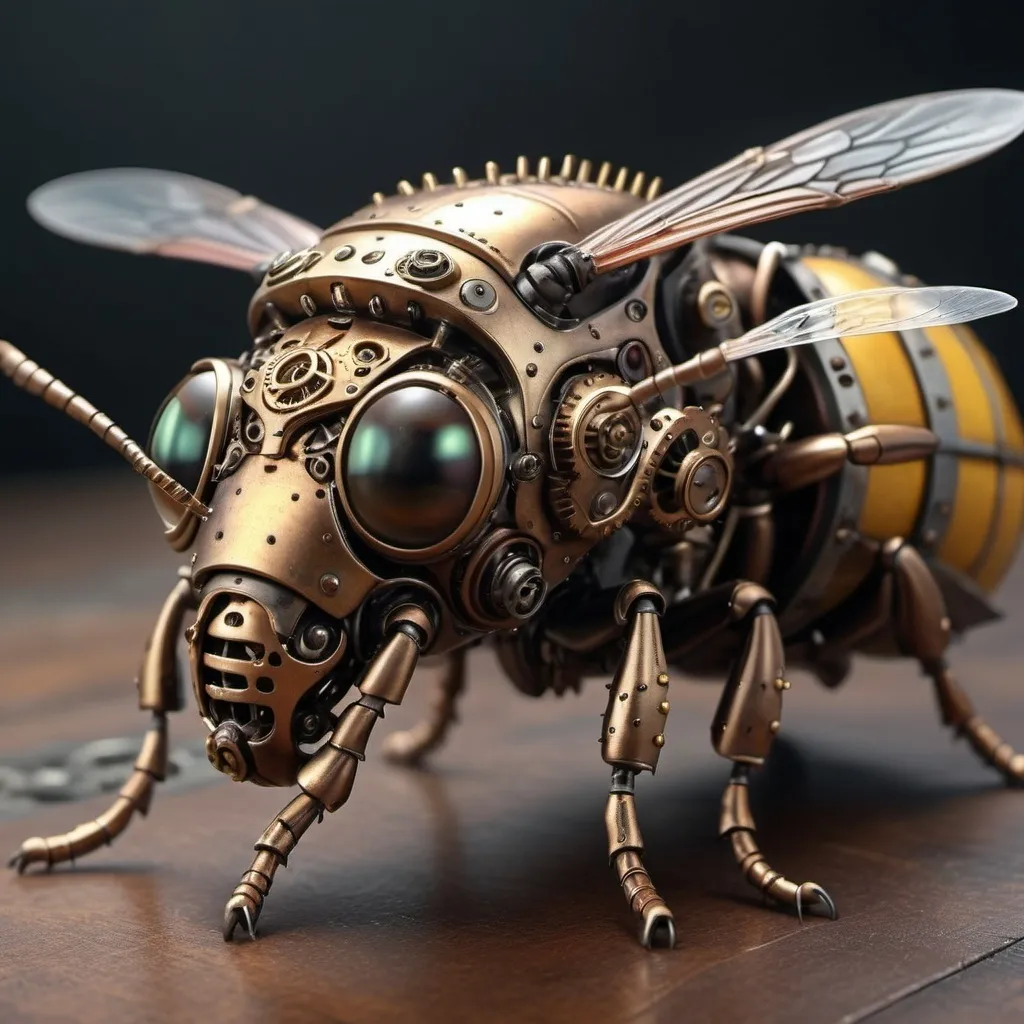 Prompt: Photo realistic, extreme closeup, steampunk, armored flying insect bee