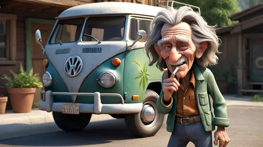 Prompt: Disney pixar comical character, 3D  render style, very deeply wrinkled 100 year old man smoking weed  standing in front of an old VW van, 1960's peace sign, old hippy man in hippie clothing smoking weed, smiling, crazy long messy hair, many finely detailed exaggerated deep wrinkles, extra wrinkles, detailed craggy facial features, whimsical, cinematic colors, front porch setting