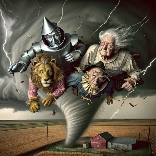 Prompt: Photo realistic, view from above Looney Toons style, render portrait, 100 year old wrinkled (Dorothy, Tin Man, Cowardly Lion, Scarecrow are four old aged faded characters from Wizard of Oz) all are flailing flying around inside the top of a tornado cyclone, dark rotating storm clouds lightning,  Kansas farm setting, hi res, detailed features, 