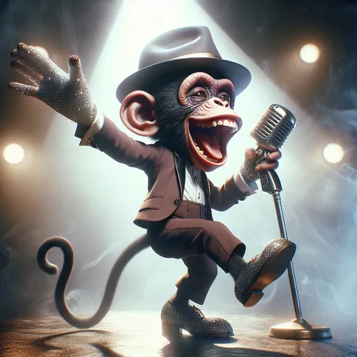 Prompt: 
Ultra Realistic Whimsical caricature of a cheeky male chimp  with expressive, short afro hair,  and Michael jackson face makeup, he is in a dynamic pose moon dance half twist with one arm raised singing a song on a vintage mic, on stage, he is wearing classic Michael jackson clothes and fedora hat with black sparkled shoes, one hand has a white sparkled glove, audience watches, background misted soft muted colours chic art cool vibes