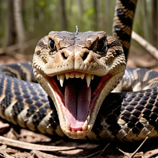 Prompt: Photo realistic, low angle, portrait, very angry intimidating dangerous rattle snake, coiled striking on the attack, fangs bared, biting at the camera, debris flying, big scary fangs, frightening, dark Florida wilderness setting