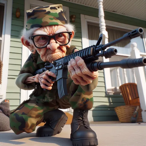 Prompt: 
Looney Toons, photo realistic, 3D, View from below, a little person,  100 year old wrinkled woman, grumpy wrinkled old woman  wearing camo face paint, camo uniform and black boots pointing a big machine gun at the viewer, front porch setting, action scene, humorous, funny exaggerated facial features, vibrant color, professional