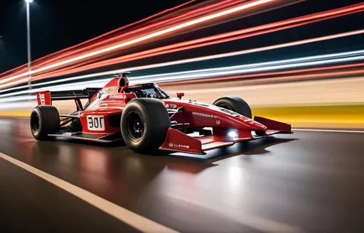 Prompt: Photo realistic, Dolly shot, profile of A race car racing fast passing a crowd of people at night, captured with long exposure photography Nikon D850 DSLR camera f/4. ISO 200, 
Rear long speed blur trail, lights blur motion blur, fixed background