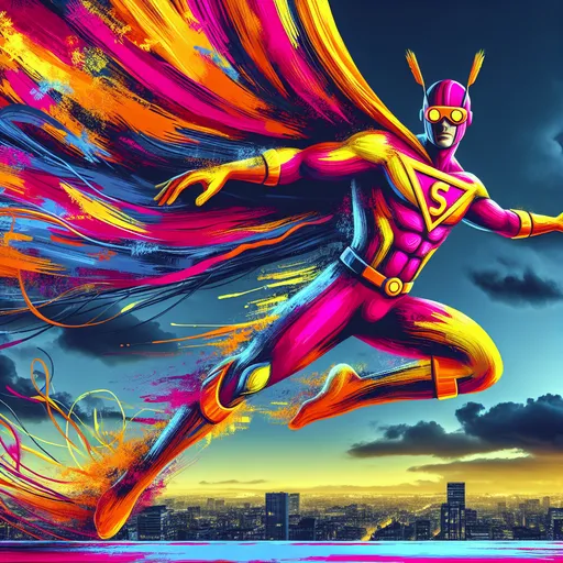 Prompt: Create a
artists brushes painting a caped superhero flying through the air (His hands and feet are connected directly to his torso).  He wears neon orange goggles and a neon pink and yellow superhero outfit  with a quirky looking "S" on the chest. He has bare feet and bare hands, he has an expressive hairdo. He flies high above the city skyline defending it from crime! Dynamic pose. Caaption on the top of the image says: "Super Weird"