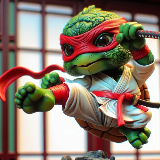 Prompt: Closeup Photo caricature, dynamic pose little person, hybrid, green ninja turtle with elephant trunk and elephant facial features, red mask red belt karate kick toward viewer holding sword, Chinese setting, humorous