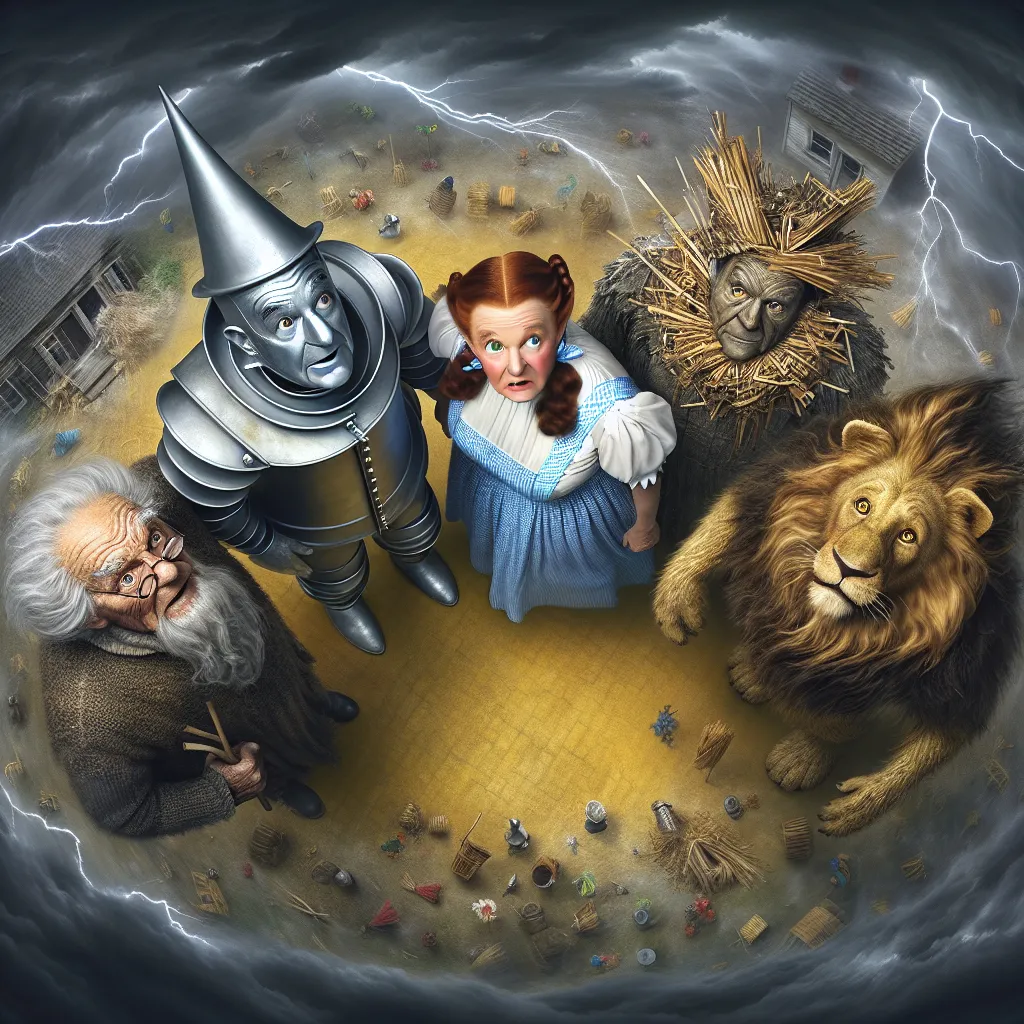 Prompt: Photo realistic, view from above, Looney Toons style, render portrait,   100 year old Dorothy, Tin Man, Cowardly Lion and Scarecrow from Wizard of Oz (randomly flying around in a tornado), dark storm clouds,  Kansas farm setting, hi res, detailed features, 