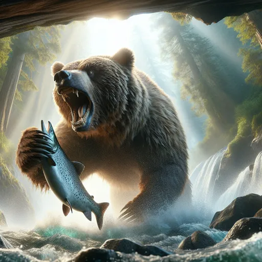 Prompt:  3D extreme closeup, over the shoulder view from below a large brown bear roaring reaching within inches of the viewer to catch a large salmon, fishing for salmon, fast moving river, mountainous forest, realistic fur, vibrant colors, intricate detailed fur, intricate bear features, natural lighting, adventurous vibe, detailed scene, high quality, natural pose, realistic, wildlife, close-up, vibrant colors, forest setting, intense action, dynamic composition, detailed fur, natural lighting, exciting atmosphere