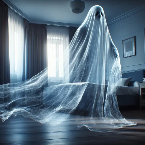 Prompt: See theough ghost flying across a room, frightening