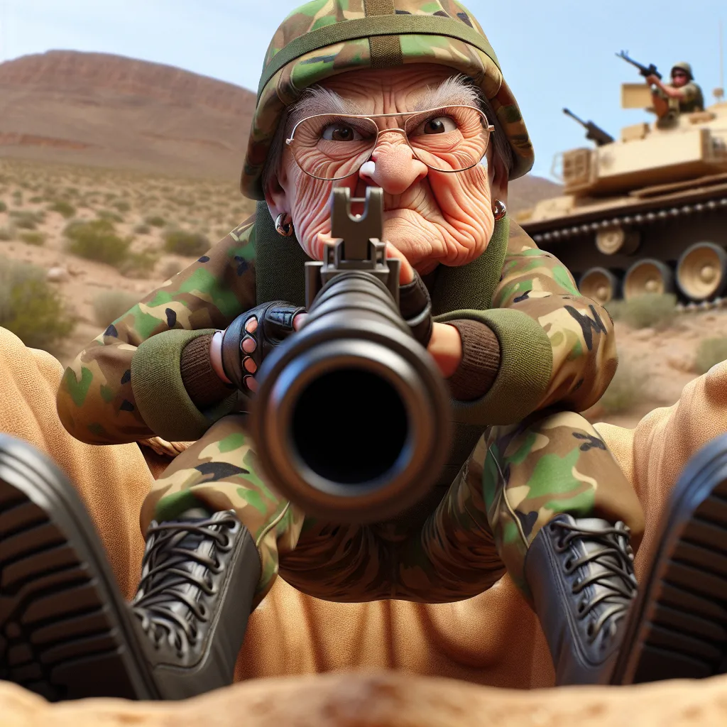 Prompt: 
Looney Toons, photo realistic, 3D, View from below, a little person,  100 year old wrinkled woman, grumpy wrinkled old woman  wearing camo face paint, camo combat gear and goggles and black boots shooting an RPG at a tank at  from a fox hole in the desert, action scene, humorous, funny exaggerated facial features, professional