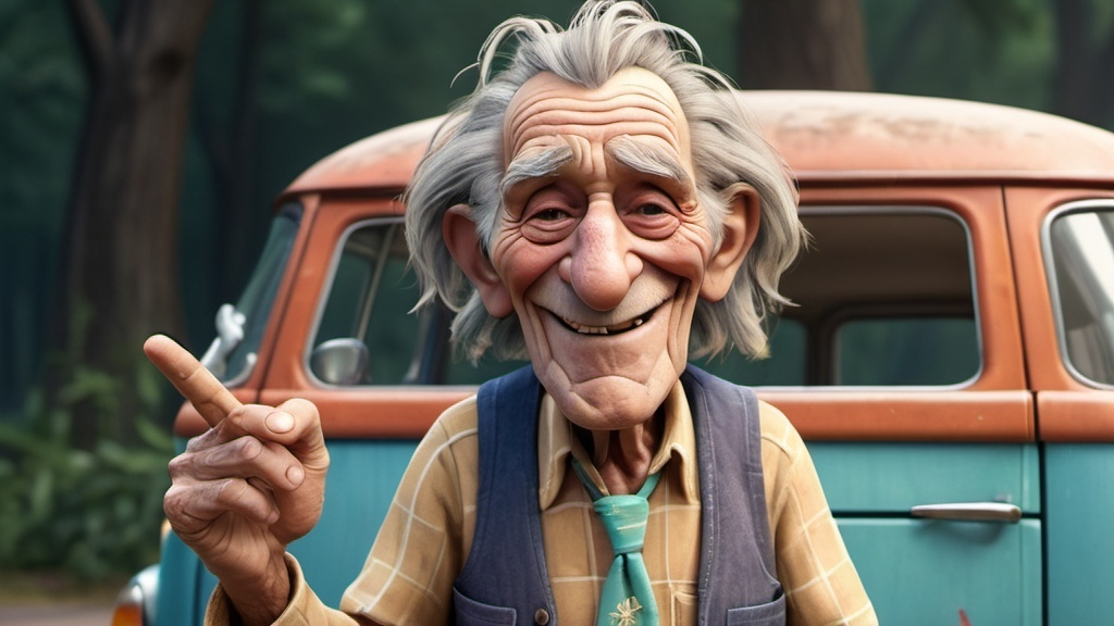 Prompt: Disney pixar comical character, 3D  render style, very deeply wrinkled 100 year old man smoking weed  standing in front of an old VW van, 1960's peace sign, old hippy man in hippie clothing smoking weed, smiling, crazy long messy hair, many finely detailed exaggerated deep wrinkles, extra wrinkles, detailed craggy facial features, whimsical, cinematic colors, front porch setting