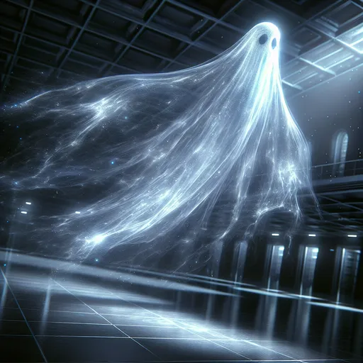 Prompt: Transparent ghost flying across a room, frightening