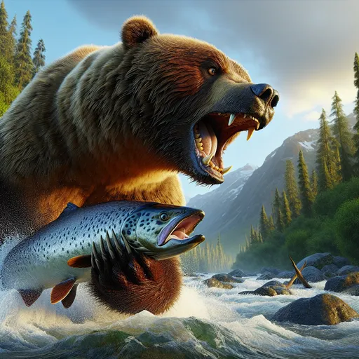 Prompt:  3D extreme closeup, gritty over the shoulder view from below a large brown bear roaring reaching within inches of the viewer to catch a large salmon, fishing for salmon, fast moving river, mountainous forest, realistic fur, vibrant colors, intricate detailed fur, intricate bear features, natural lighting, adventurous vibe, detailed scene, high quality, natural pose, realistic, wildlife, close-up, vibrant colors, forest setting, intense action, dynamic composition, detailed fur, natural lighting, exciting atmosphere