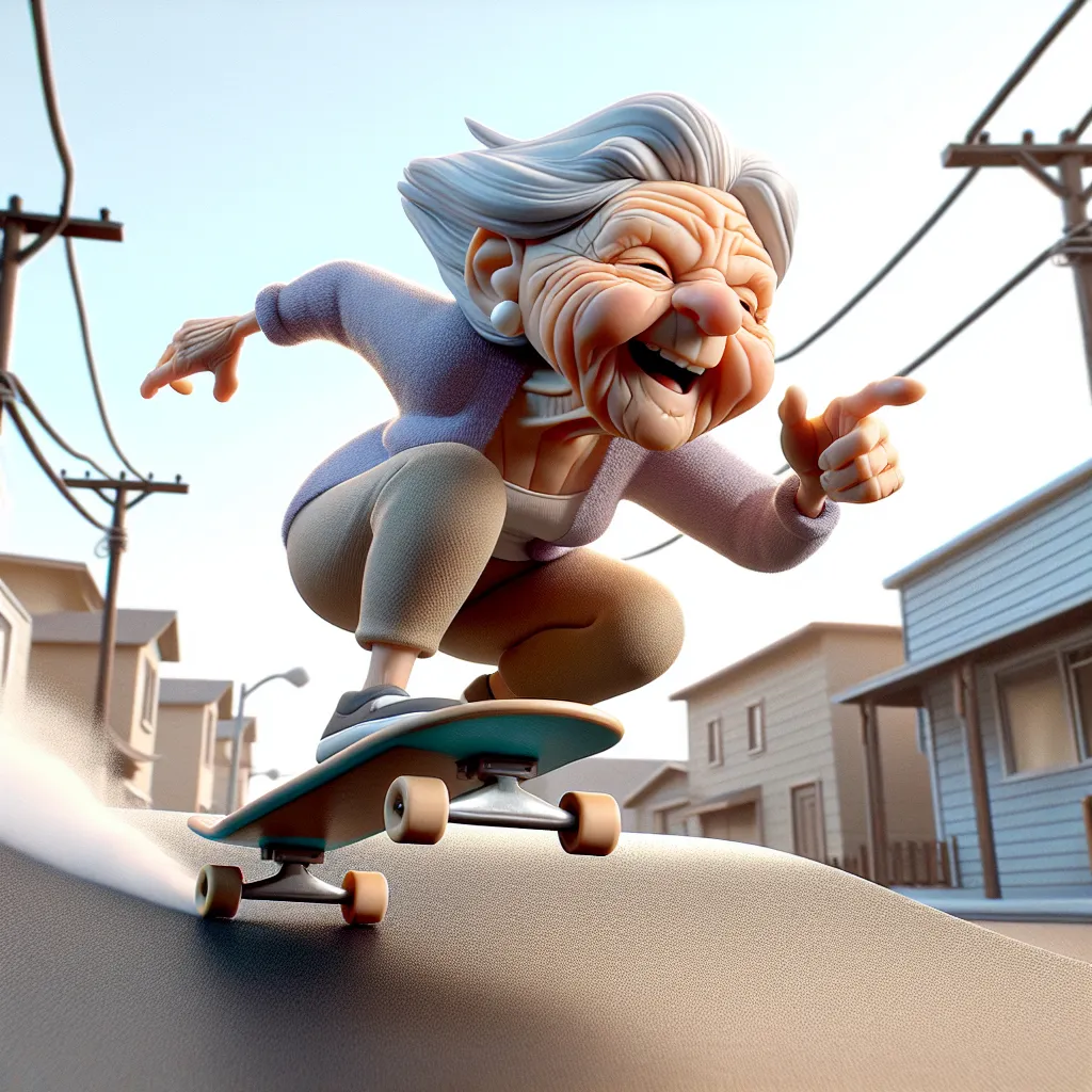 Prompt:  3D portrait, Fleischer Cartoon style, a little person, wrinkled old lady riding a skateboard over a ramp very fast toward viewer, neighborhood street setting