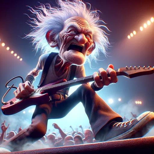 Prompt: 3D closeup View from below,  Looney Toons style, a little person, 100 year old very wrinkled old man with electric guitar , long crazy hair dressed as rock star (jump kicking on stage toward the viewer) singing "Let the bodies hot the floor", humorous surprised facial expression, realistic facial features, real sparks, drifting smoke, busy rock concert setting, stage lighting, high quality, high definition, vibrant colors