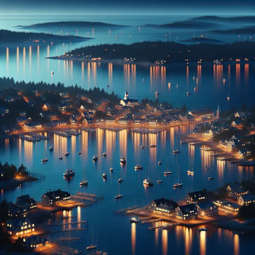 Prompt: a beautiful small New England town and marina next to the ocean at night with a reflection in the water photorealism, photorealistic imagery, a 3D render