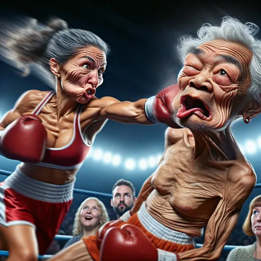 Prompt: Closeup, A  caricature of an athletic old wrinkled old woman boxer in red trunks leaping punching a male opponent in the face,  opponent's mouthpiece is seen flying from his mouth, toward the viewer, turned face reflects the impact from the punching glove, glassy eyes looking upward, dynamic pose, aggressive mood, exaggerated  humorous facial expression, audience watching, boxing arena setting, exciting action scene, speed blur lines, intricate details, hi res