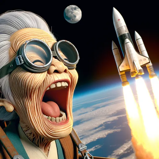 Prompt: 3D portrait, Fleischer Cartoon style, perspective View from above, 100 year old very old wrinkled old lady wearing goggles screaming strapped  vertically to the outside of a big very fast moving rocket  lifting off the launch pad hurtling  straight toward the viewer, earth recedes in the background, humorous, exaggerated facial expression, fire, moon, outer space setting, realistic details, realistic facial features, vibrant colors, hi res