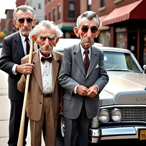 Prompt: Photo realistic, Looney Toons style, a little person, render whimsical closeup portrait of old, wrinkled 100-year-old people holding baseball bats dressed as square jawed, scruffy Italian mafioso tough guys in front of an old 1970's Lincoln Continental car in a Little Italy suburb, street attire, mean tough facial expressions, posing, humorous, high quality, detailed, photo realistic, Looney Toons style, wrinkled features, gray hair, modern street thugs, humorous, urban setting, vibrant colors, warm lighting, hi res