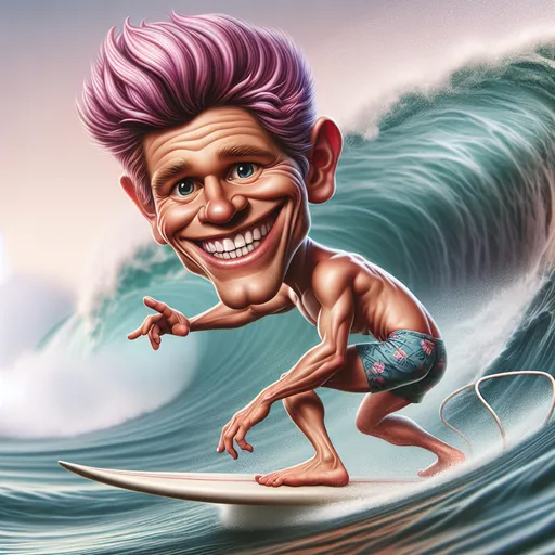 Prompt: 
Closeup Ultra Realistic Whimsical caricature of a cheeky male surfer riding a surfboard with expressive pink hair,  swim trunks he is in a dynamic pose.  Large breaking wave background misted soft muted colours chic art cool vibes