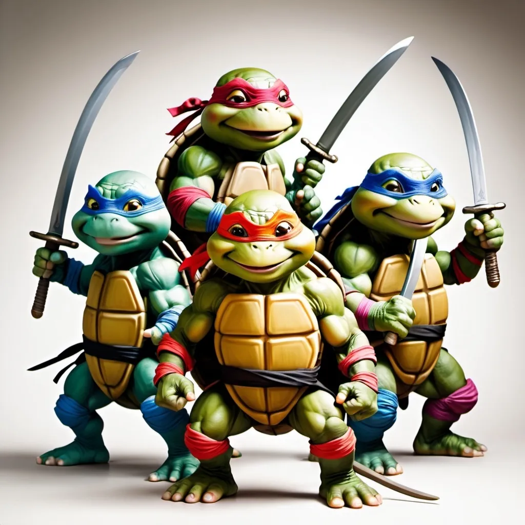 Prompt: Photo realistic, whimsical caricature, dynamic pose little persons, if four ninja turtles with swords had elephant trunks and elephant facial features,