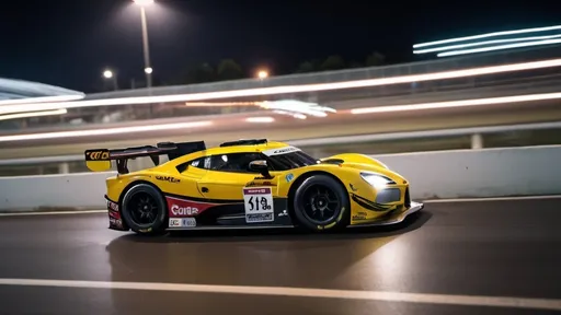 Prompt: Tracking shot, A race car racing fast passing a crowd of people at night, captured with very long exposure photography Nikon D850 DSLR camera f/4. ISO 200, tear speed blur trail, people and lights blur motion blur, background blur motion blur