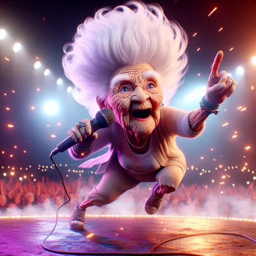 Prompt: 3D closeup View from below,  Looney Toons style, 100 year old very wrinkled old woman big 1980's hair style crazy hair with microphone, dressed as rock star (jump kicking on stage toward the viewer) singing "Let the bodies hot the floor", humorous surprised facial expression, realistic facial features, real sparks, drifting smoke, busy rock concert setting, stage lighting, high quality, high definition, vibrant colors