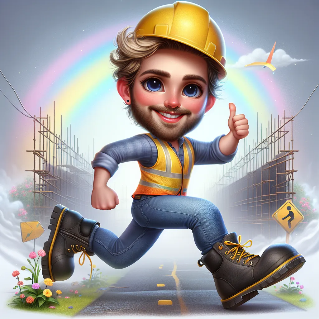 Prompt: 
Closeup Ultra Realistic Whimsical caricature of a cheeky male construction worker with expressive, blonde hair, blue jeans yellow hard hat, and a yellow and orange safety vest. he is in a dynamic pose a job site small flowers  rainbow in the background. he is wearing black boots, background misted soft muted colours chic art cool vibes