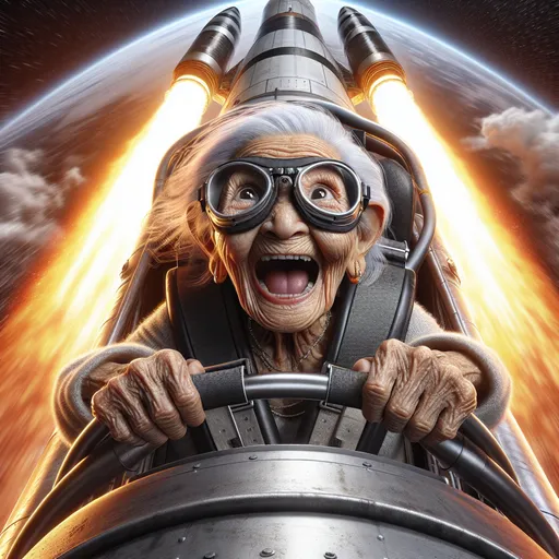 Prompt: 3D portrait, Fleischer Cartoon style, perspective View from above, 100 year old very old wrinkled old lady wearing goggles screaming strapped  vertically to the outside of a big very fast moving rocket  lifting off the launch pad hurtling  straight toward the viewer, launch pad recedes in the background, humorous, exaggerated facial expression, fire, moon, outer space setting, realistic details, realistic facial features, vibrant colors, hi res