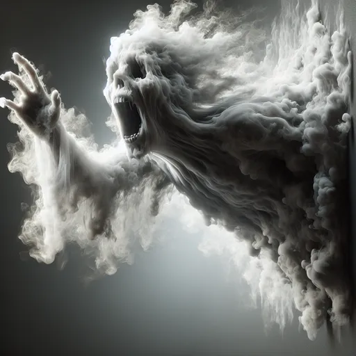 Prompt: 3D, Extreme closeup,  transparent ghost made of smoke passing through a wall, yelling at viewer, frightening