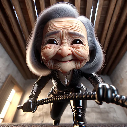 Prompt: 
Looney Toons, photo realistic, 3D, View from below, a little person,  100 year old wrinkled woman, grumpy wrinkled old woman long gray hair dressed in a cute black pcv suit holding a whip smiling at the viewer, dungeon  setting, action scene, humorous, funny exaggerated facial features, vibrant color, hi res