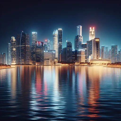 Prompt: a beautiful city skyline next to the ocean at night with a reflection in the water photorealism, photorealistic imagery, a 3D render