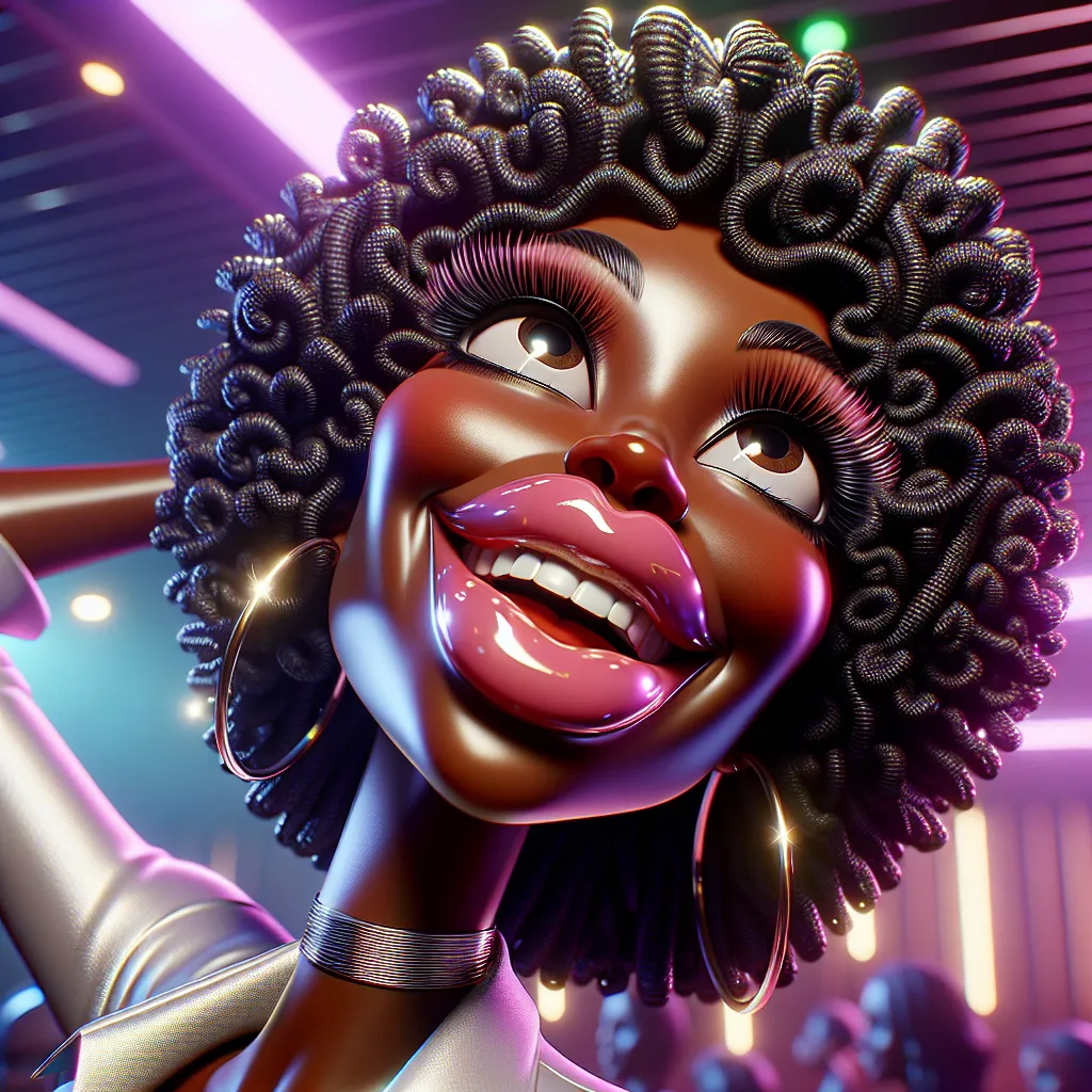 Prompt: 3D closeup, Realistic anime style, full body shot, humorous portrait of a glamorous black lady dancing the funky chicken at the club, pouty oversized shiny fat liver lips, bulging eyes, detailed exaggerated facial features, exaggerated black woman, realistic, glamorous, detailed lips, high quality, realistic style, bright colors, soft lighting, night club setting in