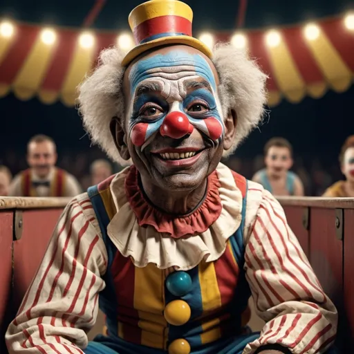 Prompt: Photorealistic 3D portrait, a little person, very old worn down african circus clown sitting on the bleachers, full clown face makeup, humorous exaggerated facial expression, faded 1800's circus outfit, Looney Toons style, circus tent setting, detailed facial wrinkles, show aging face, joyful expression, vintage, high quality, colorful, realistic lighting, classic clown makeup, professional artwork, detailed textures, circus theme, happy atmosphere