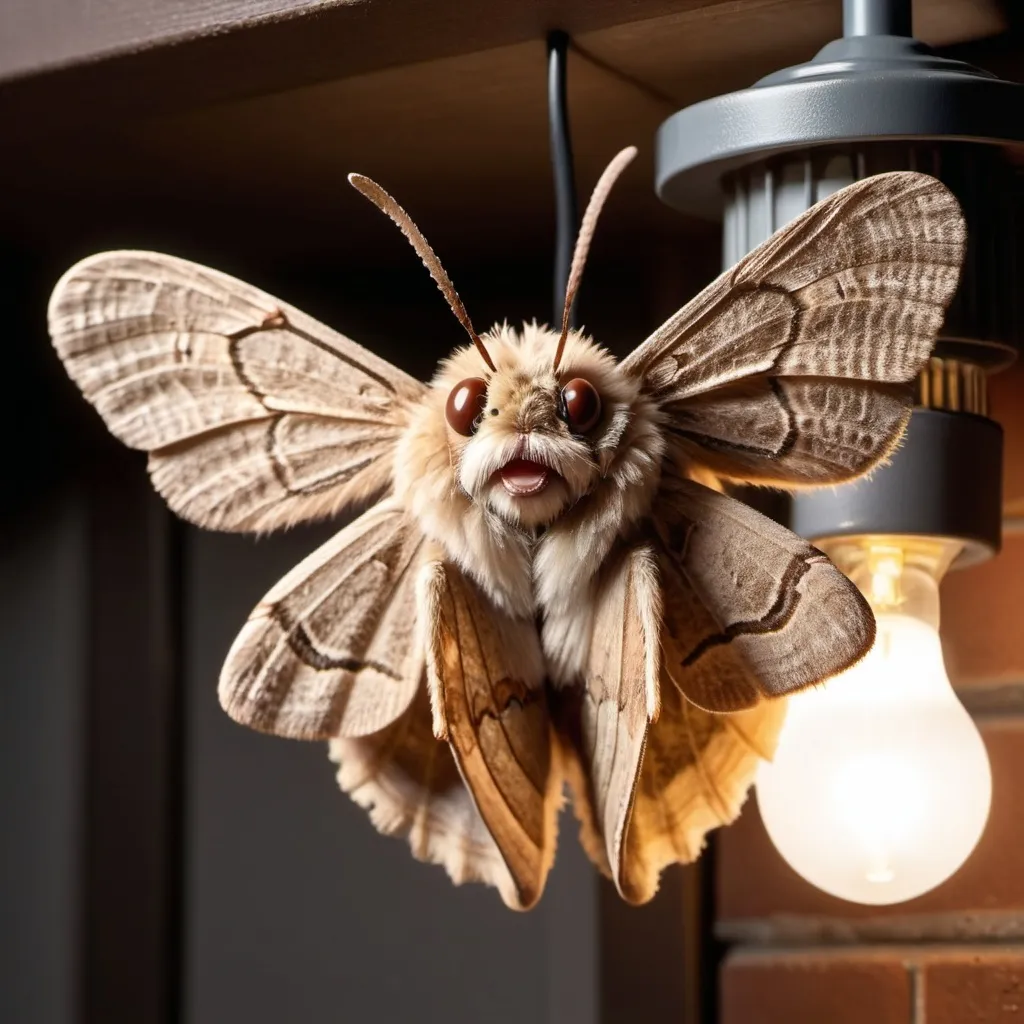 Prompt: Close-up photo-realistic, Looney Toons, portrait of a cute fuzzy brown and tan toned moth, landing on the side of a large lit lightbulb at night, front porch setting, ultra-realistic, high quality, detailed fur and wings, adorable, front porch, nighttime, warm lighting, realistic lighting effects, cute moth, fuzzy texture, lit lightbulb, detailed eyes, realistic moth wings, cozy atmosphere