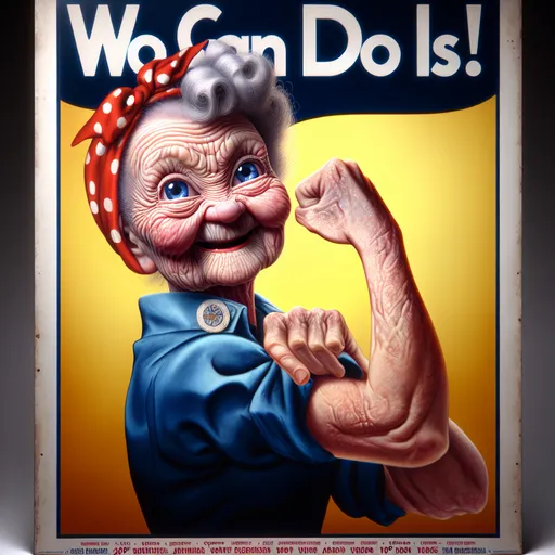 Prompt: A 1940's wartime poster, View from 20° above,  Looney Toons style, a little person, 100 year old very wrinkled old woman posing as Rosie the Riveter, humorous happy facial expression, realistic facial features, high quality, high definition, vibrant colors