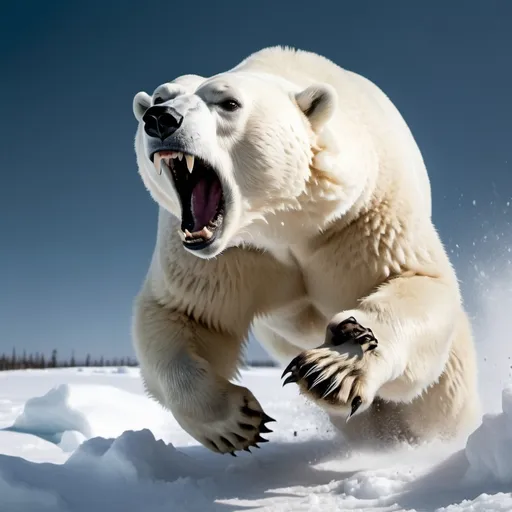 Prompt: Photo realistic, low angle, portrait, very angry intimidating dangerous polar bear, jumping, on the attack, teeth bared, biting at the camera, debris flying, big scary teeth, frightening, dark Canadian North, snow setting